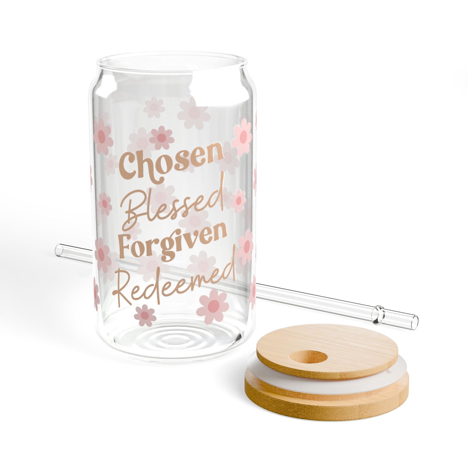 Chosen Blessed Forgiven Redeemed Tumbler Sipper Glass 16oz — Reusable Drink Jar with Lid & Straw