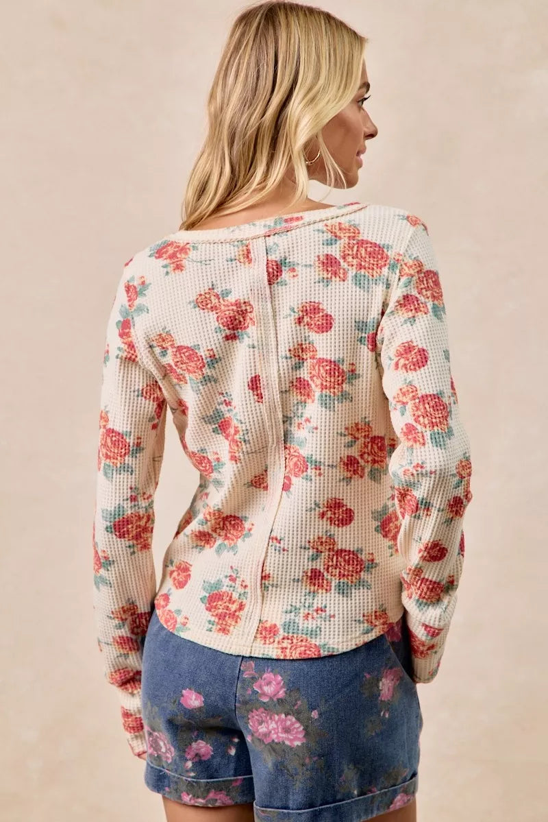 BiBi Floral Print Washed Waffle Thermal Top With Thumb - Sydney So Sweet