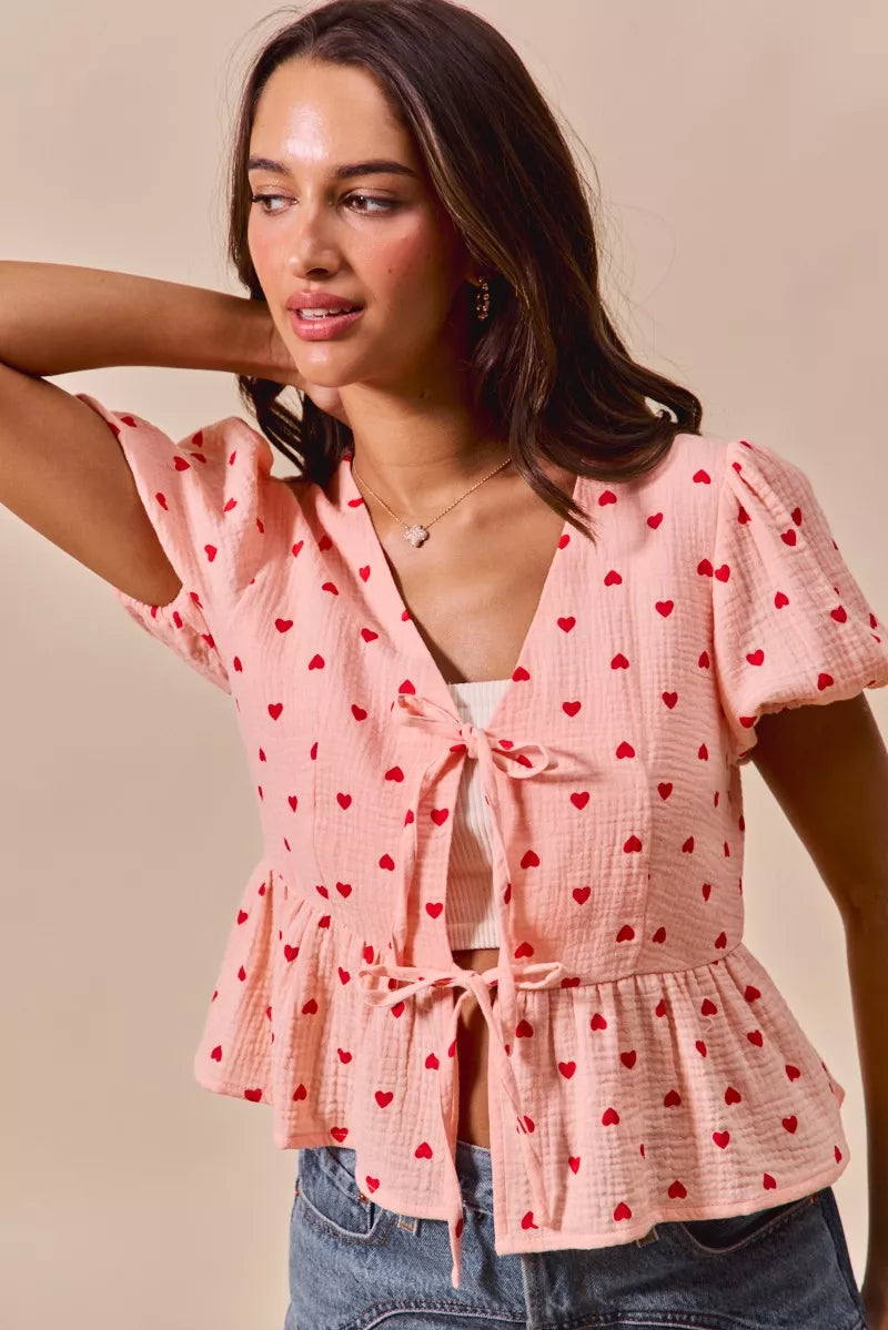 SO ME All Over Heart Ribbon Tie Baby Doll Valentine Blouse - Sydney So Sweet