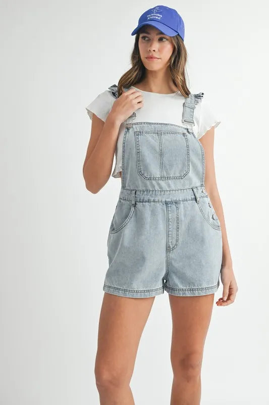 MABLE Square Neck Ruffle Shoulder Denim Overall Romper - Sydney So Sweet