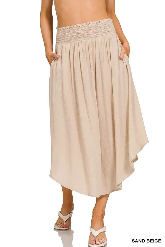 Zenana Woven Crinkle Smocked Waist Maxi Skirt W Pockets - Sydney So Sweet