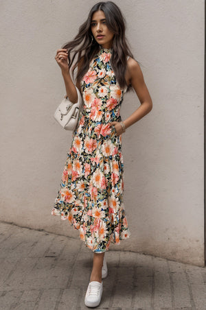 Printed Tiered Pocketed Mock Neck Midi Dress - Sydney So Sweet