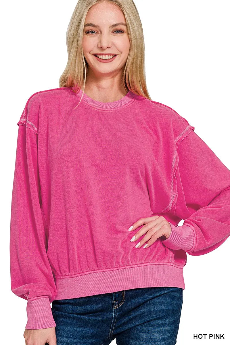 Zenana Soft Fleece Pigment Dye Round Neck Pullover - Sydney So Sweet