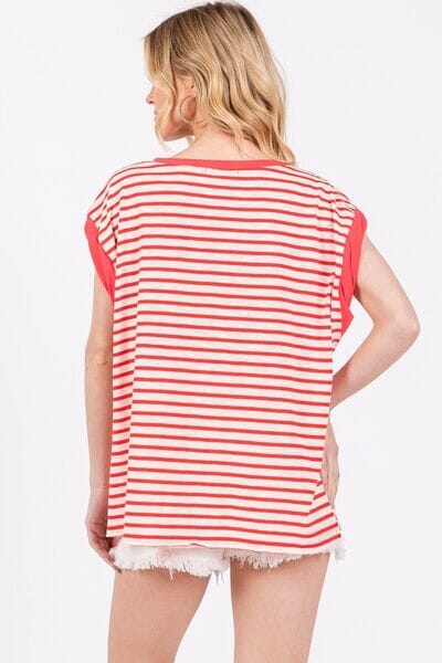 Ces Femme Side Slit Striped Cap Sleeve T-Shirt - Sydney So Sweet