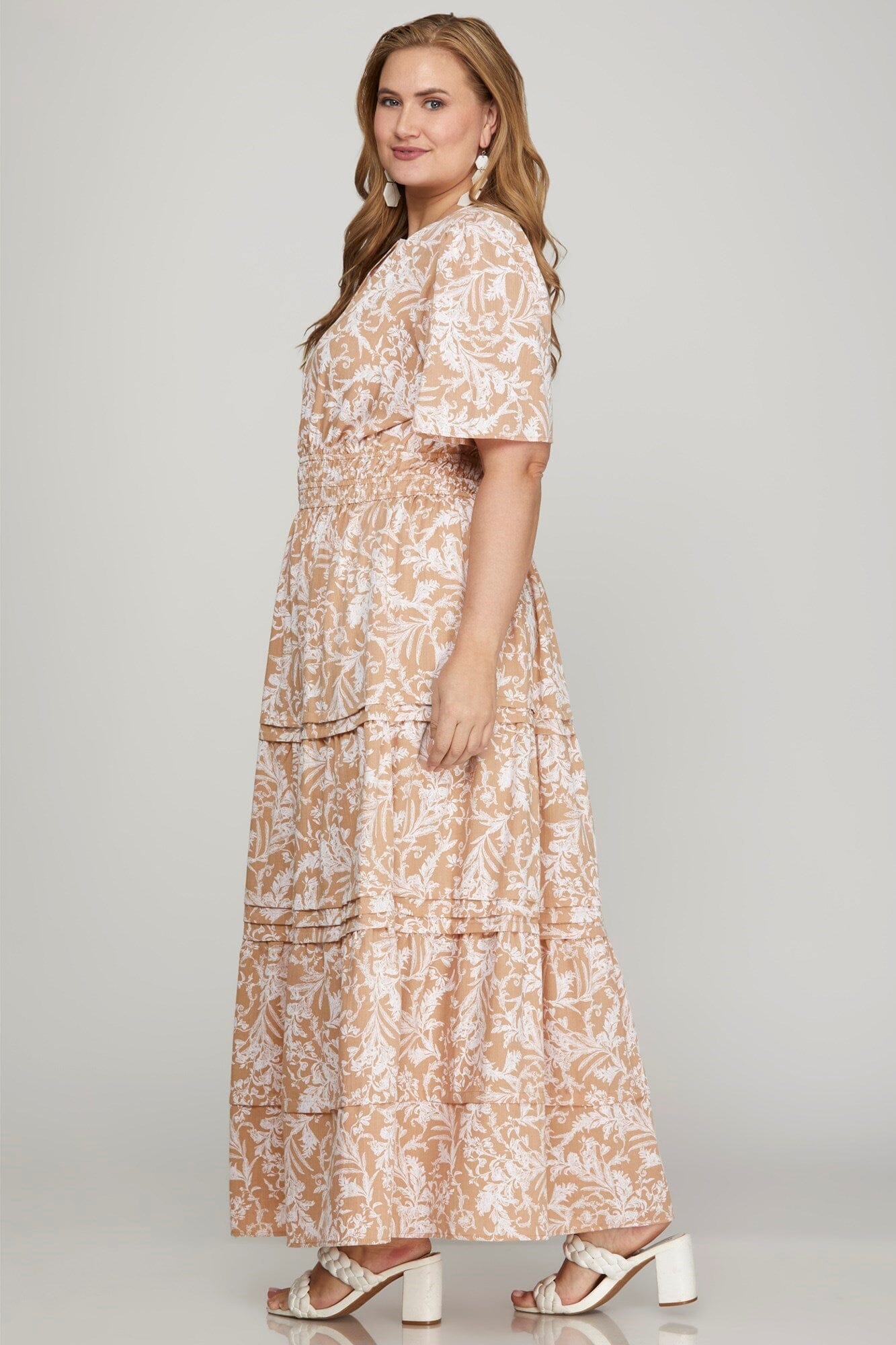 She + Sky Printed Notched Woven Tiered Pintuck Maxi Dress with Side Pockets - Sydney So Sweet