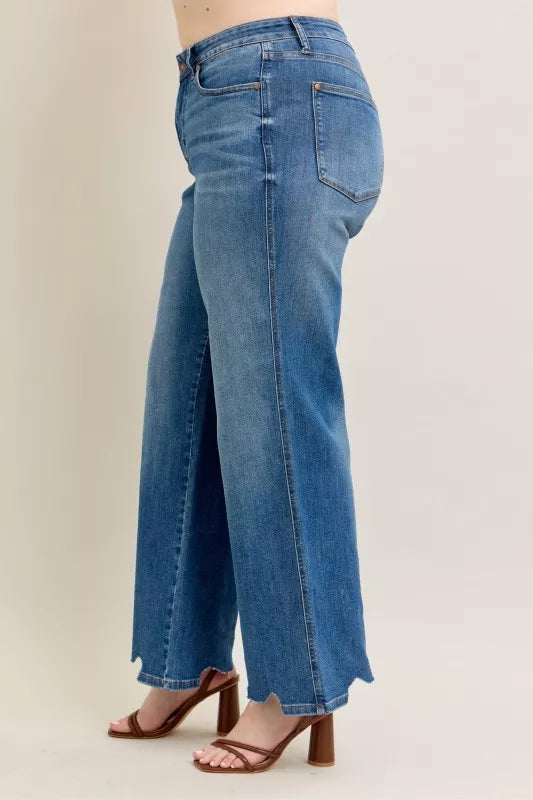 Judy Blue Full Size High Waist Tummy Control Chew Hem Destroy Wide Jeans Plus Size - Sydney So Sweet