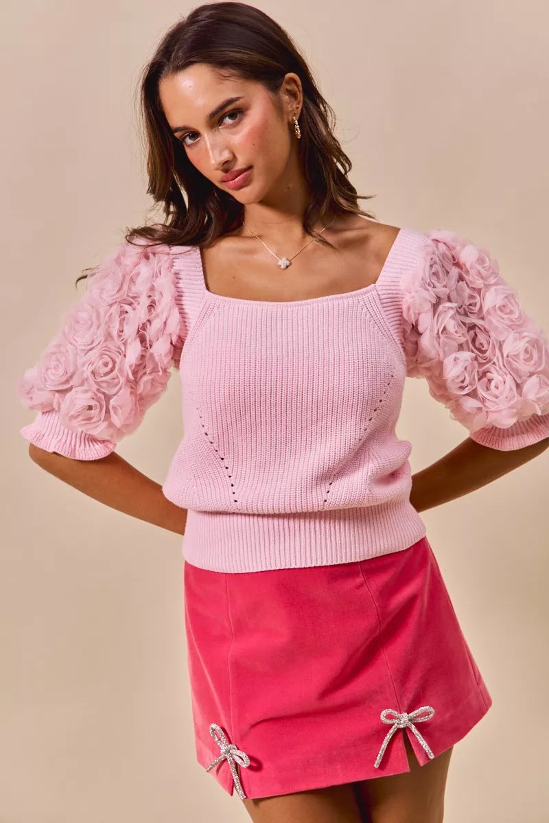 SO ME Rosette Sleeves Square Neck Sweater Knit Top - Sydney So Sweet
