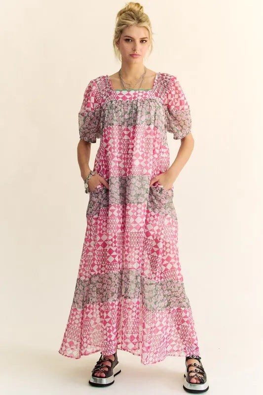 Davi & Dani Multi Floral Square Neck Puff Sleeve Maxi Dress - Sydney So Sweet
