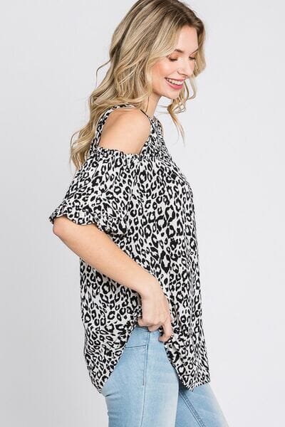Heimish Full Size Leopard Round Neck Cold Shoulder T-Shirt Plus Size - Sydney So Sweet