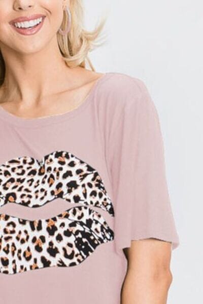 Heimish Full Size Leopard Lip Round Neck Short Sleeve T-Shirt Plus Size - Sydney So Sweet