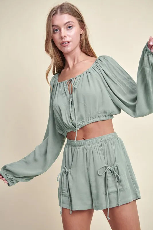 MABLE Gauze Long Sleeve Button Crop Top and Short Set - Sydney So Sweet