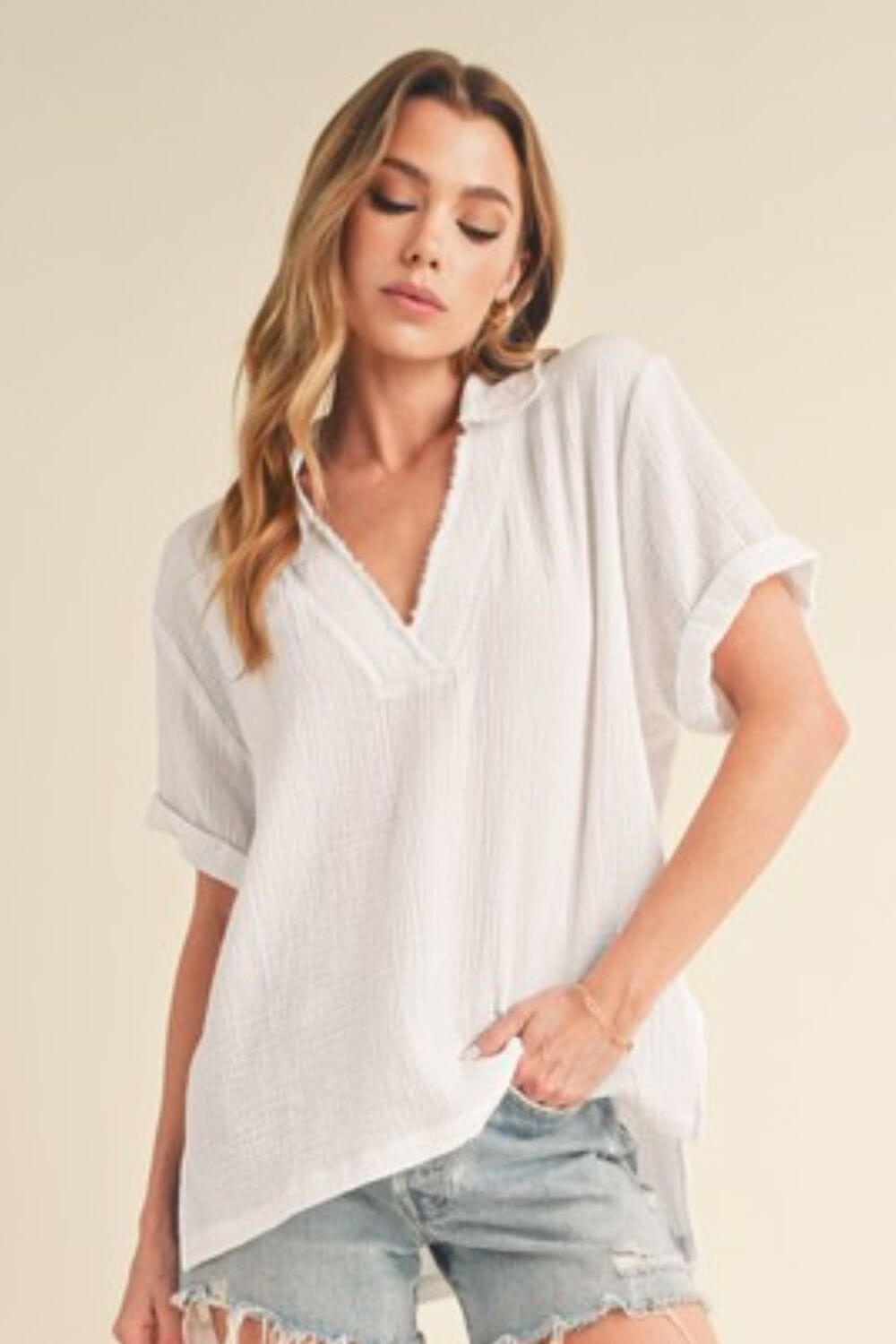 Aemi + Co Side Slit Johnny Collar Short Sleeve Cotton Gauze Blouse - Sydney So Sweet