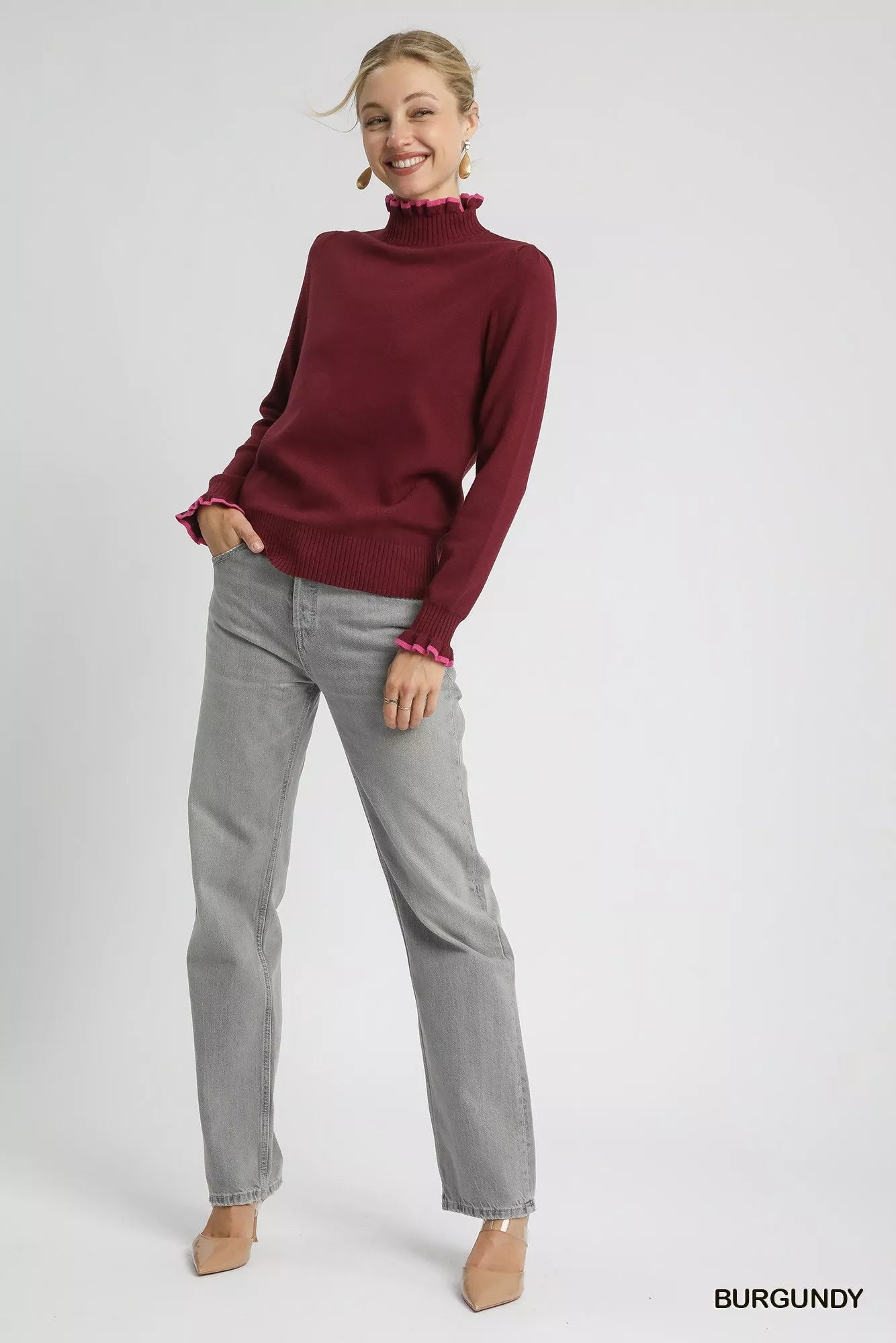 Umgee Ribbed Round Neck Sweater with Ruffle Contrast Trim - Sydney So Sweet