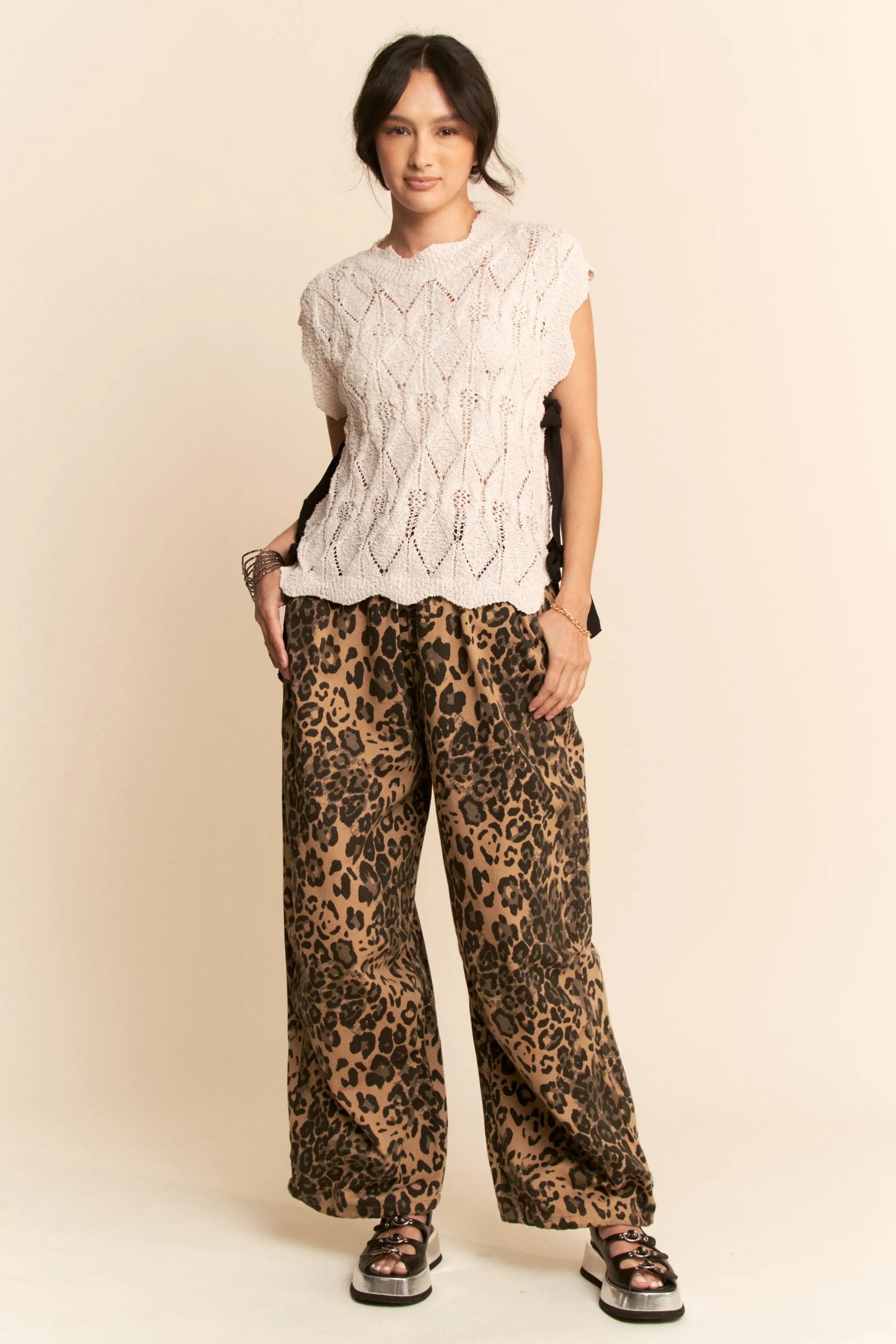 Davi & Dani Ribbon Bow Ties Scalloped Trim Knit Semi Crop Top - Sydney So Sweet