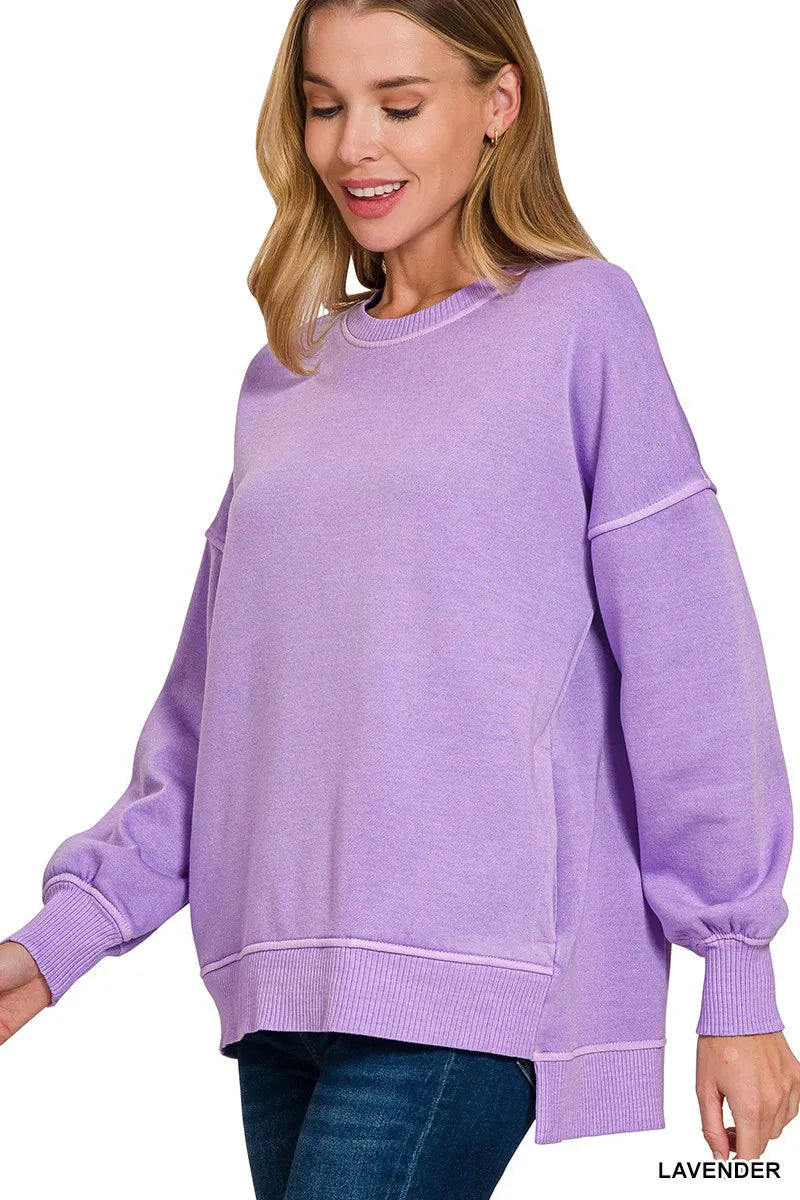 Zenana Pigment Dye Fleece Hi-low Hem Sweatshirt With Pocket - Sydney So Sweet