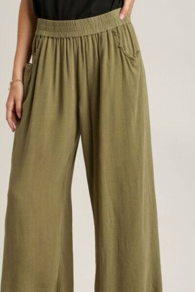 Umgee Full Size Linen Blend Elastic Waistband Wide Leg Pants Plus Size - Sydney So Sweet