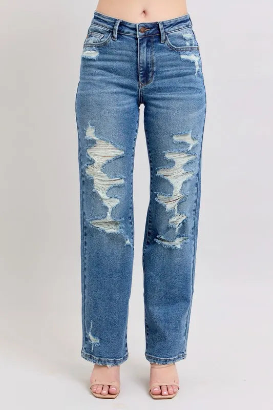Judy Blue Full Size High Waist Heavy Destroy Straight Jeans Plus Size - Sydney So Sweet