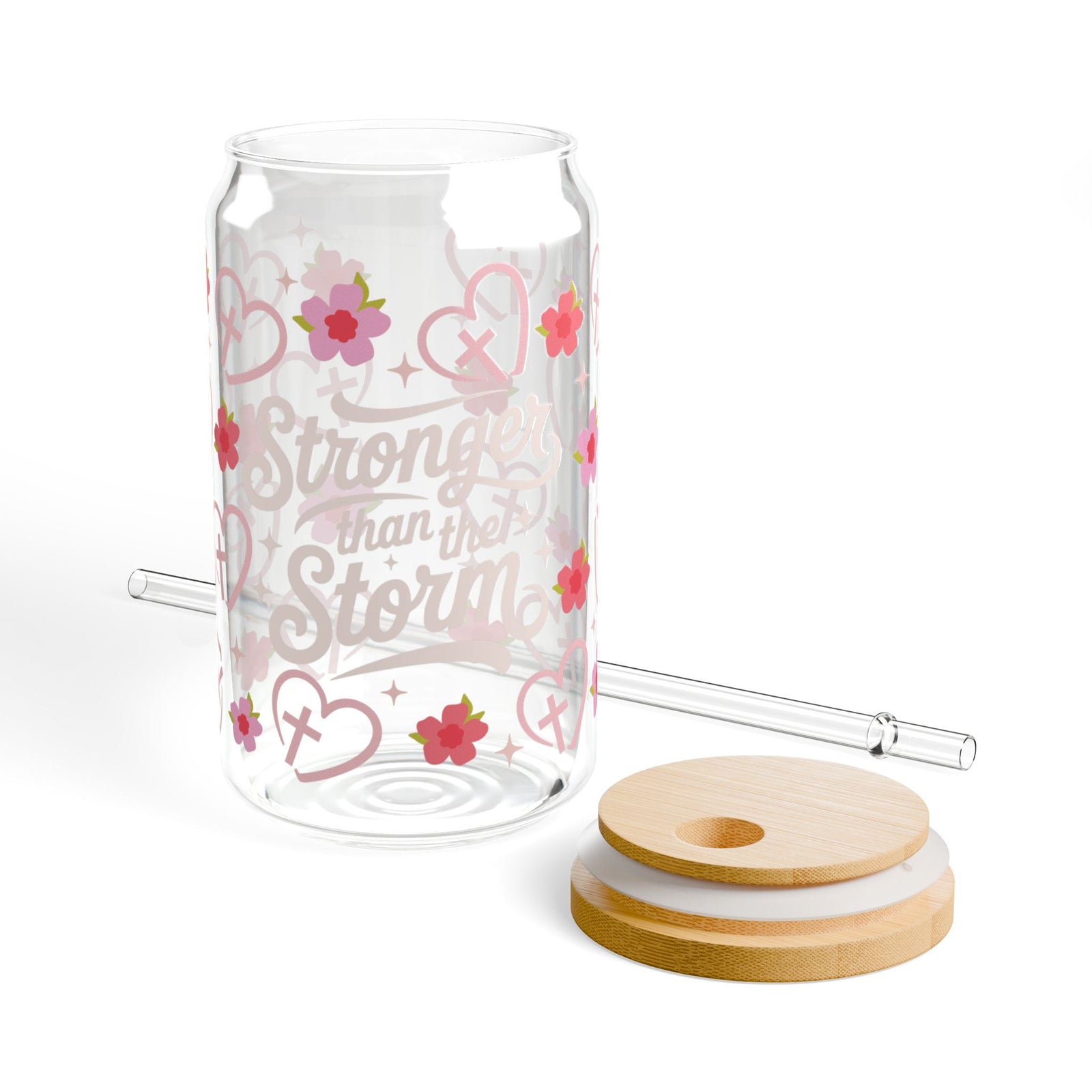 Stronger Than the Storm Tumbler Sipper Glass 16oz — Reusable Drink Jar with Lid & Straw