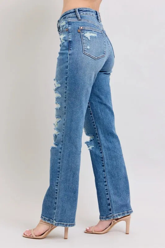 Judy Blue Full Size High Waist Heavy Destroy Straight Jeans Plus Size - Sydney So Sweet