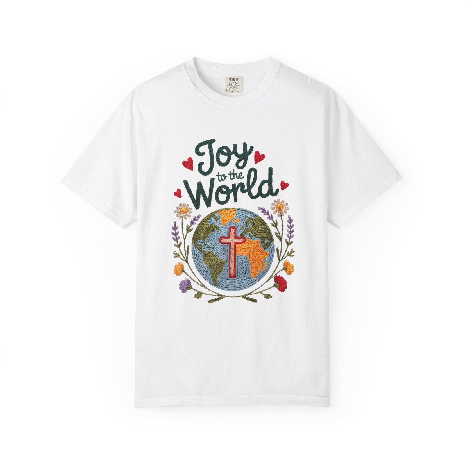 Joy to the World Faux Embroidery Tee Christian Holiday Graphic T-Shirt