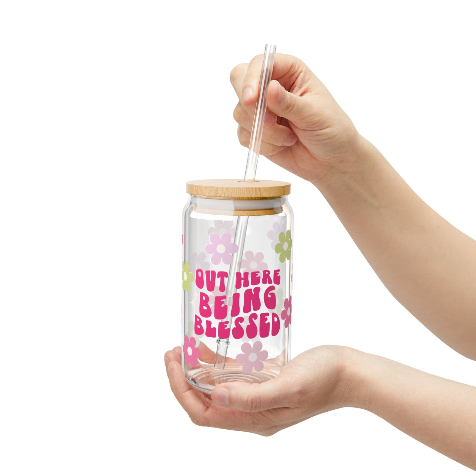 Out Here Being Blessed Retro Floral Sipper Glass 16oz — Reusable Drink Jar with Lid & Straw - Sydney So Sweet