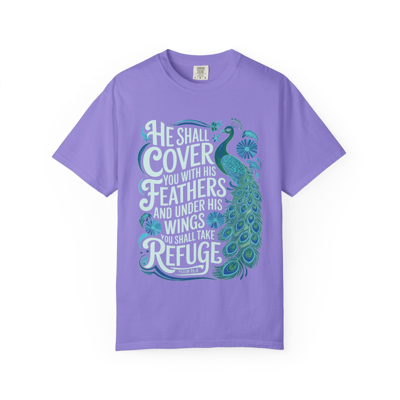 He Shall Cover Feathers T-Shirt Christian Scripture Peacock Refuge Tee