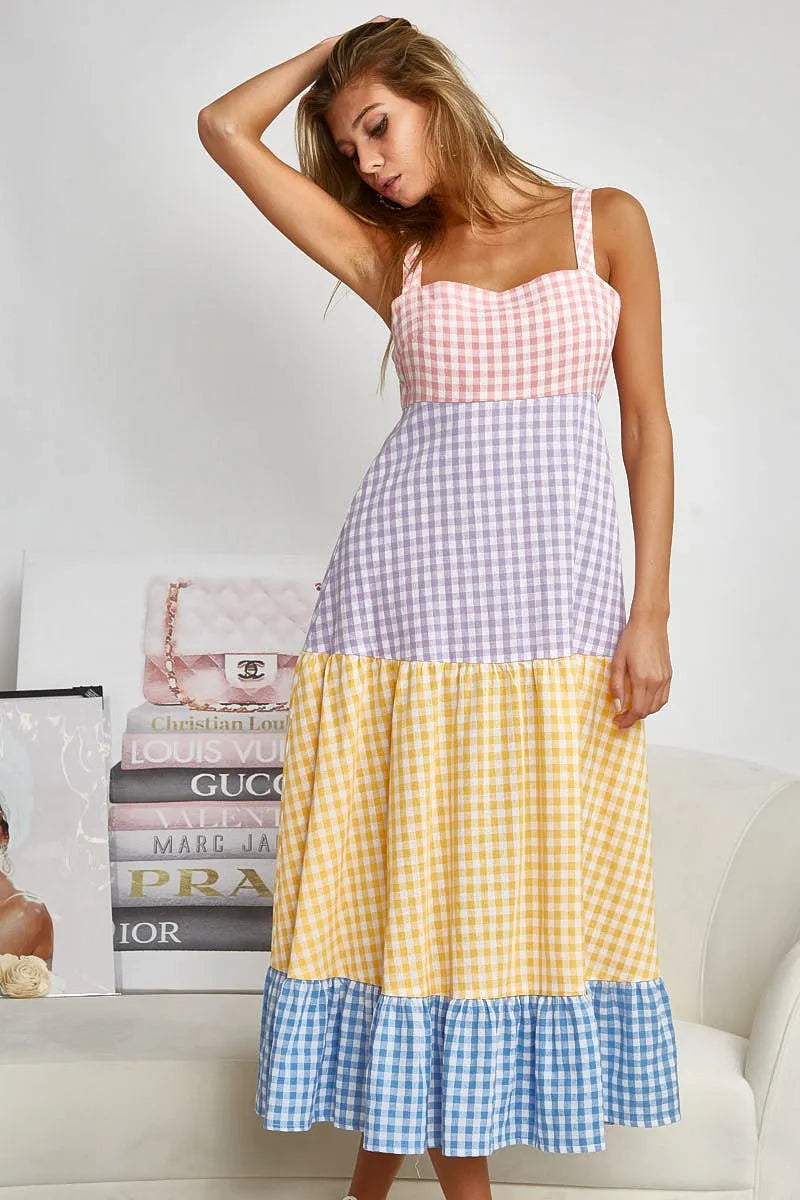 BiBi Color Block Tiered Gingham Dress - Sydney So Sweet