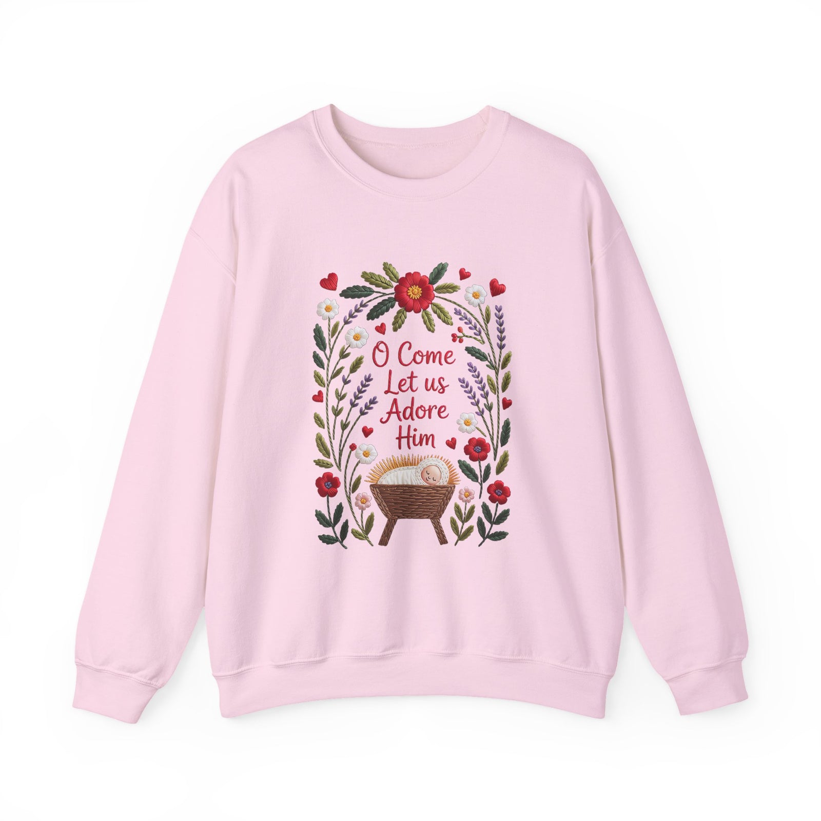 O Come Let Us Adore Him Faux Embroidery Christmas Nativity Crewneck Unisex Sweatshirt