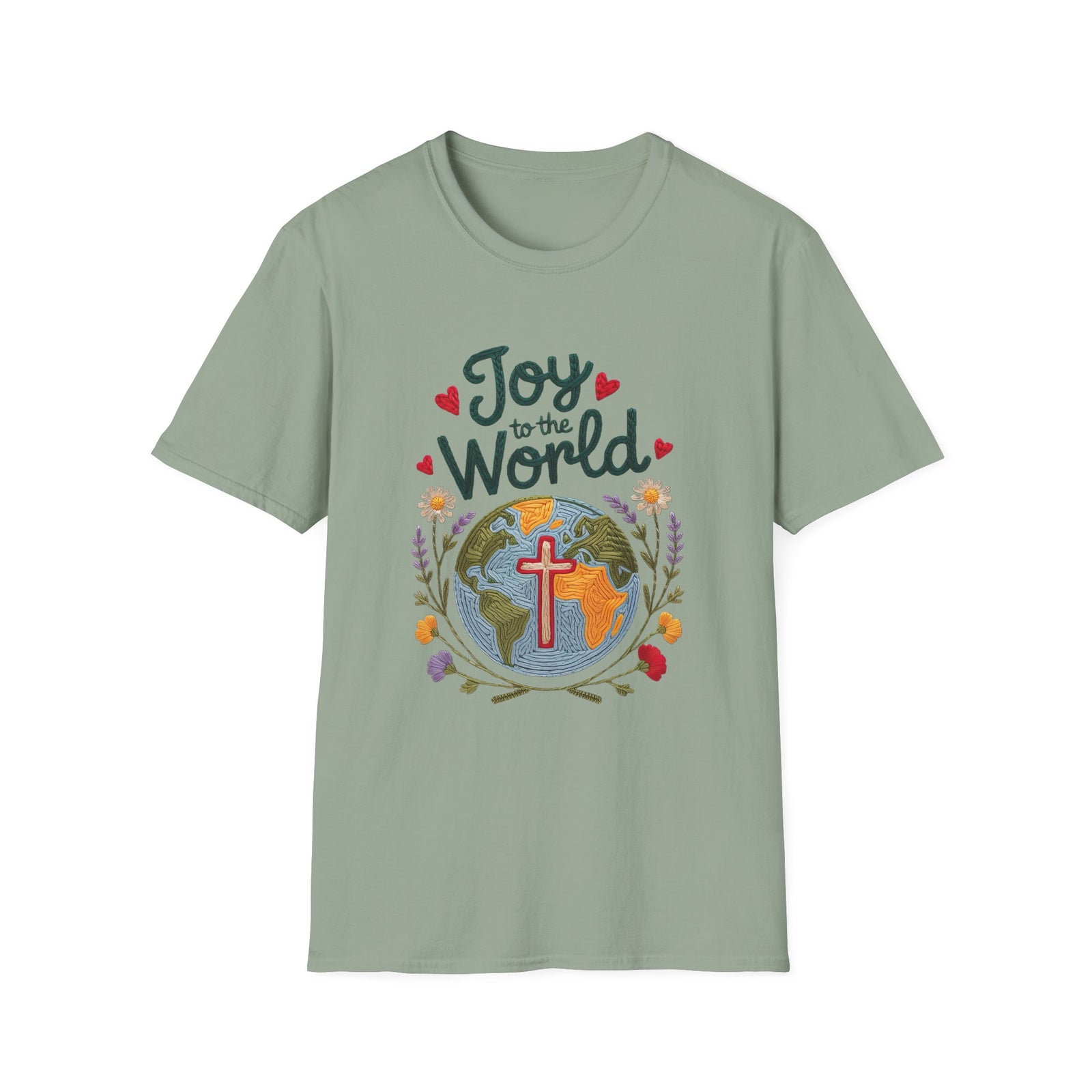 Joy to the World Christmas Tee Faux Embroidery Christian T-Shirt