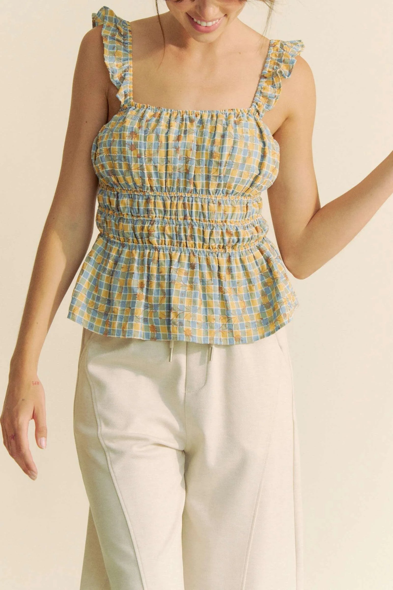 Davi & Dani Plaid Ruffled Strap Smocked Sleeveless Top - Sydney So Sweet
