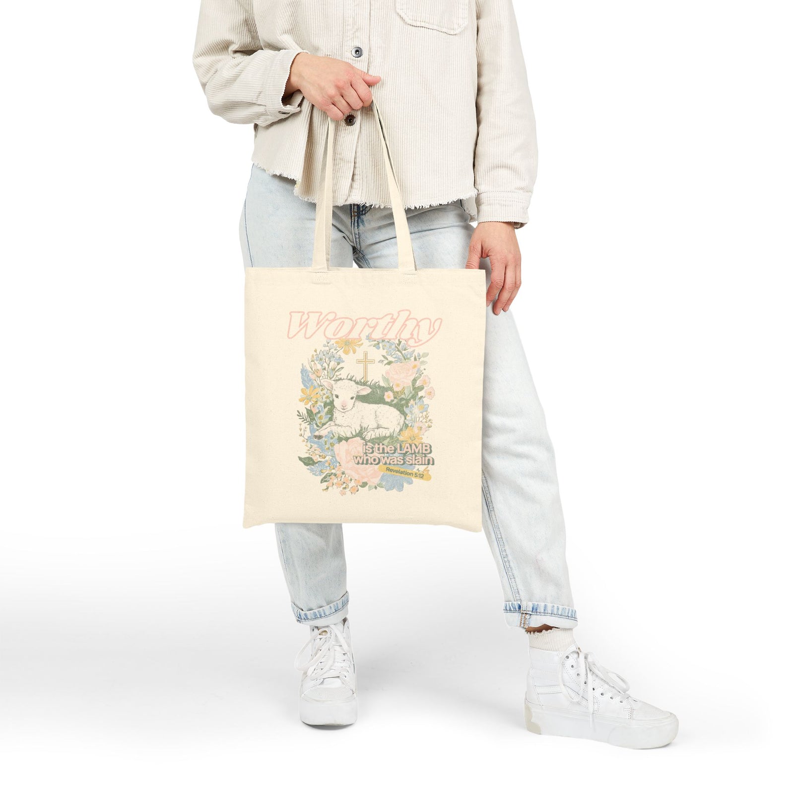 Worthy is the Lamb Floral Cotton Canvas Tote Christian Easter Market Bag