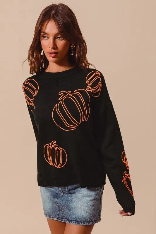 SO ME Pumpkin Embroidered Halloween Thanksgiving Sweater - Sydney So Sweet