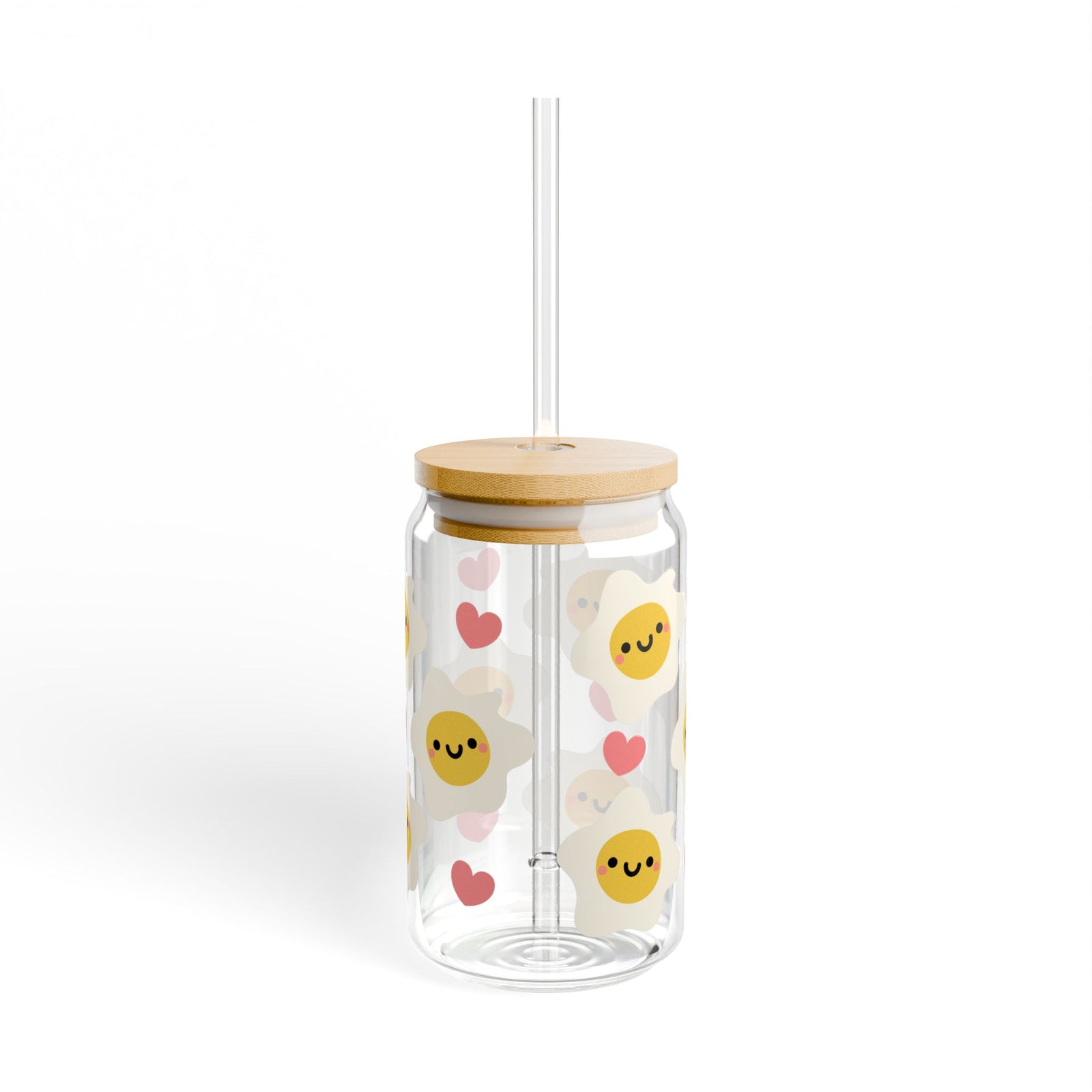 Kawaii Eggs Tumbler Sipper Glass 16oz — Reusable Drink Jar with Lid & Straw