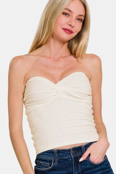 Zenana Ruched Twisted Sweetheart Neck Top - Sydney So Sweet