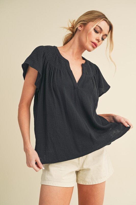 Aemi + Co Embroidered Trim Side Slit Notched Short Sleeve Blouse - Sydney So Sweet