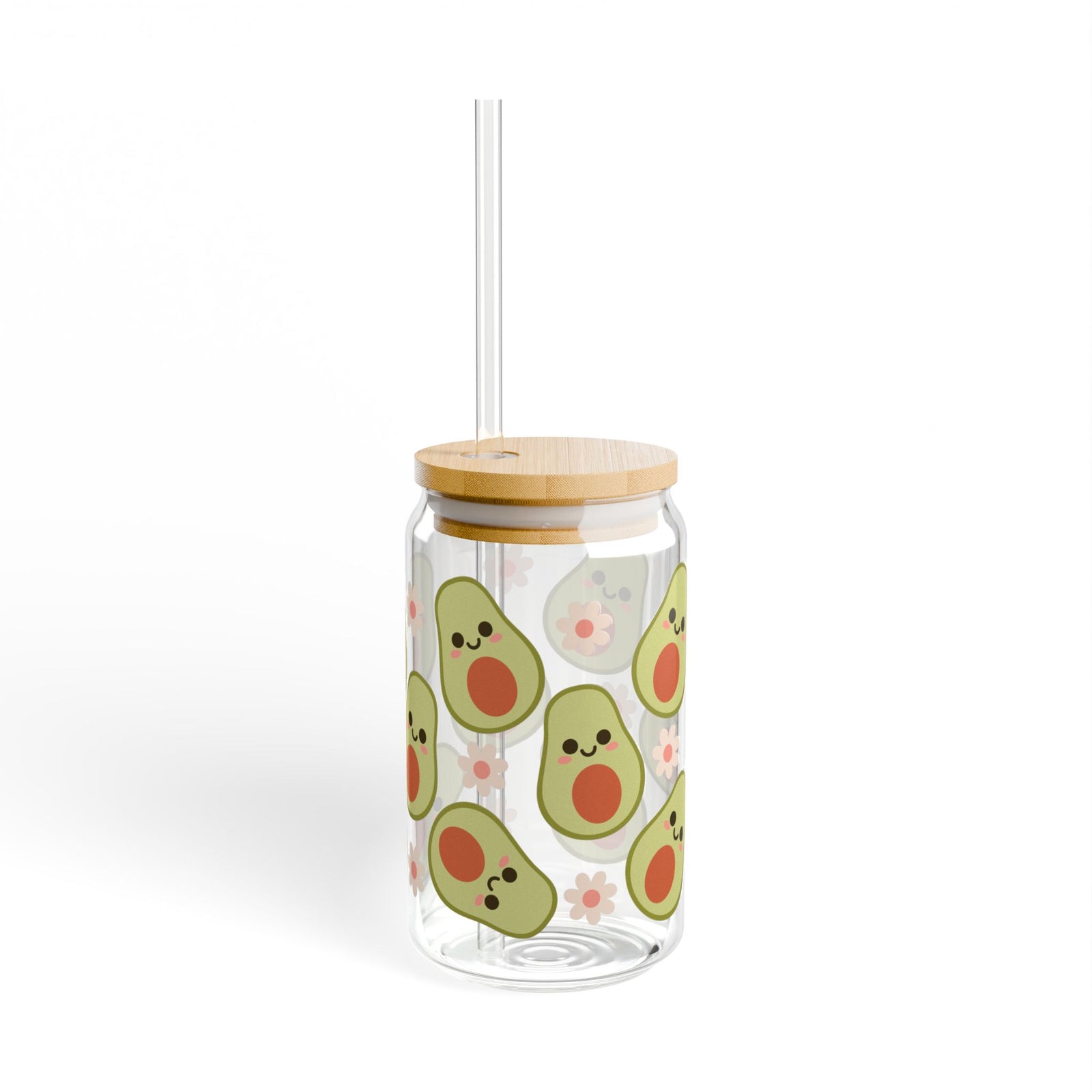 Happy Avocado Tumbler Sipper Glass 16oz — Reusable Drink Jar with Lid & Straw