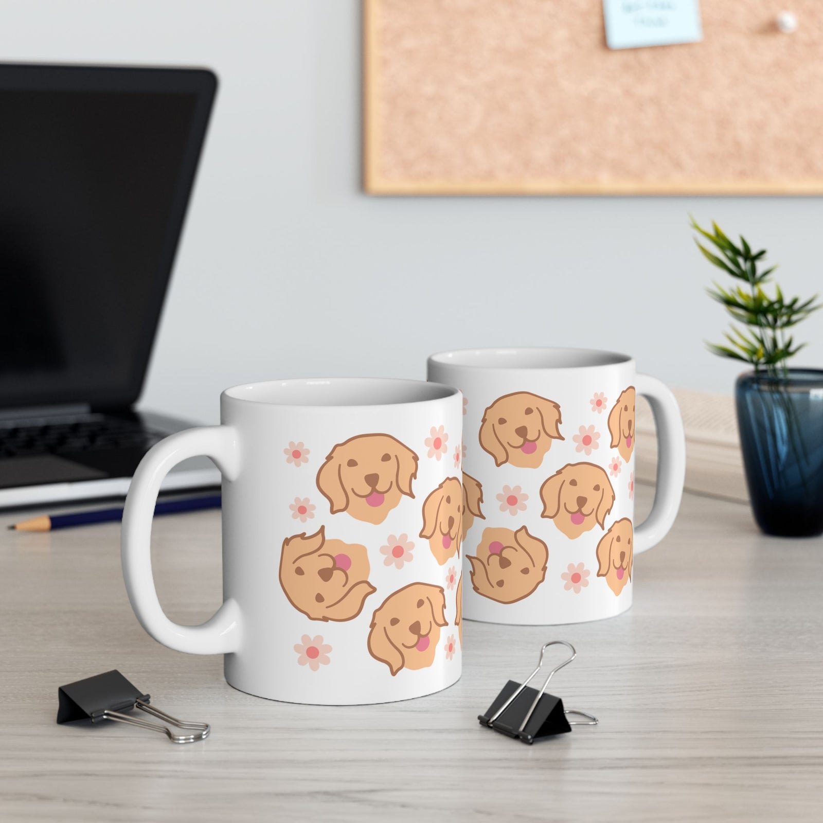 Golden Retriever Pattern Ceramic Mug — Cute Dog & Flowers Coffee Cup (11oz, 15oz) - Sydney So Sweet