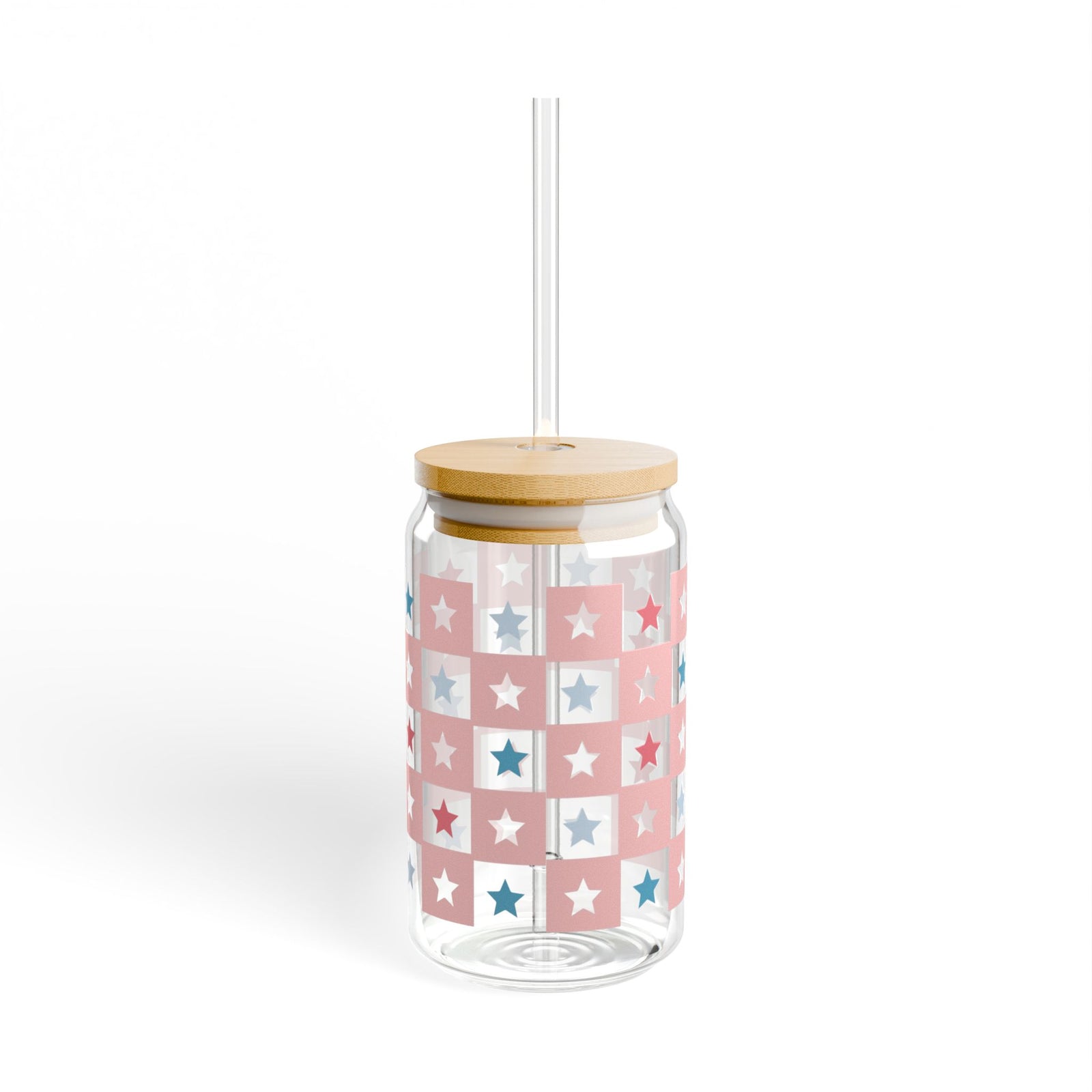 Checkered Stars Tumbler Sipper Glass 16oz — Reusable Drink Jar with Lid & Straw