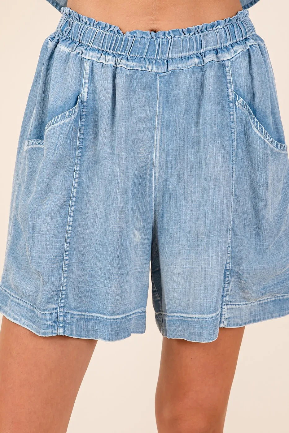 Mittoshop Washed Chambray Elastic Waist Easy Fit Shorts - Sydney So Sweet
