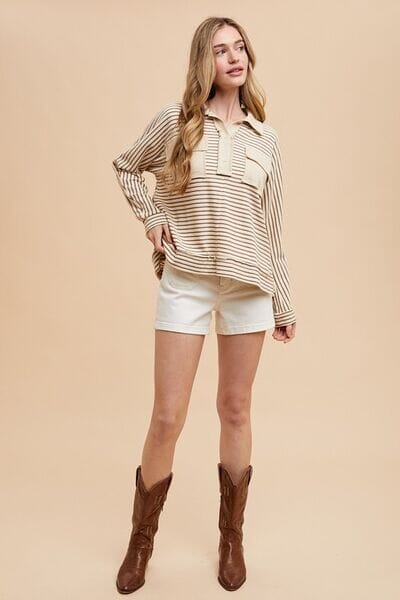 Annie Wear Striped Button Detail Long Sleeve Polo Top - Sydney So Sweet