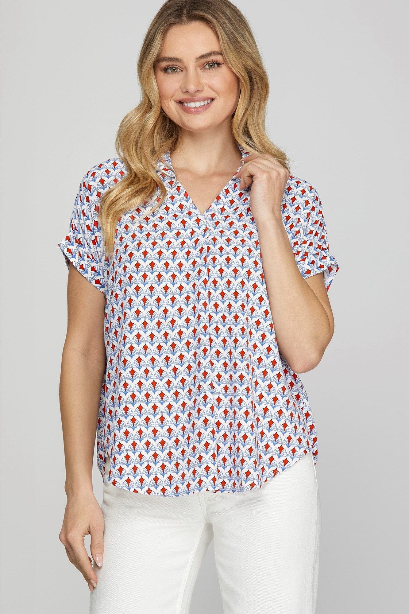She + Sky Full Size Printed Johnny Collar Short Sleeve Blouse Plus Size - Sydney So Sweet