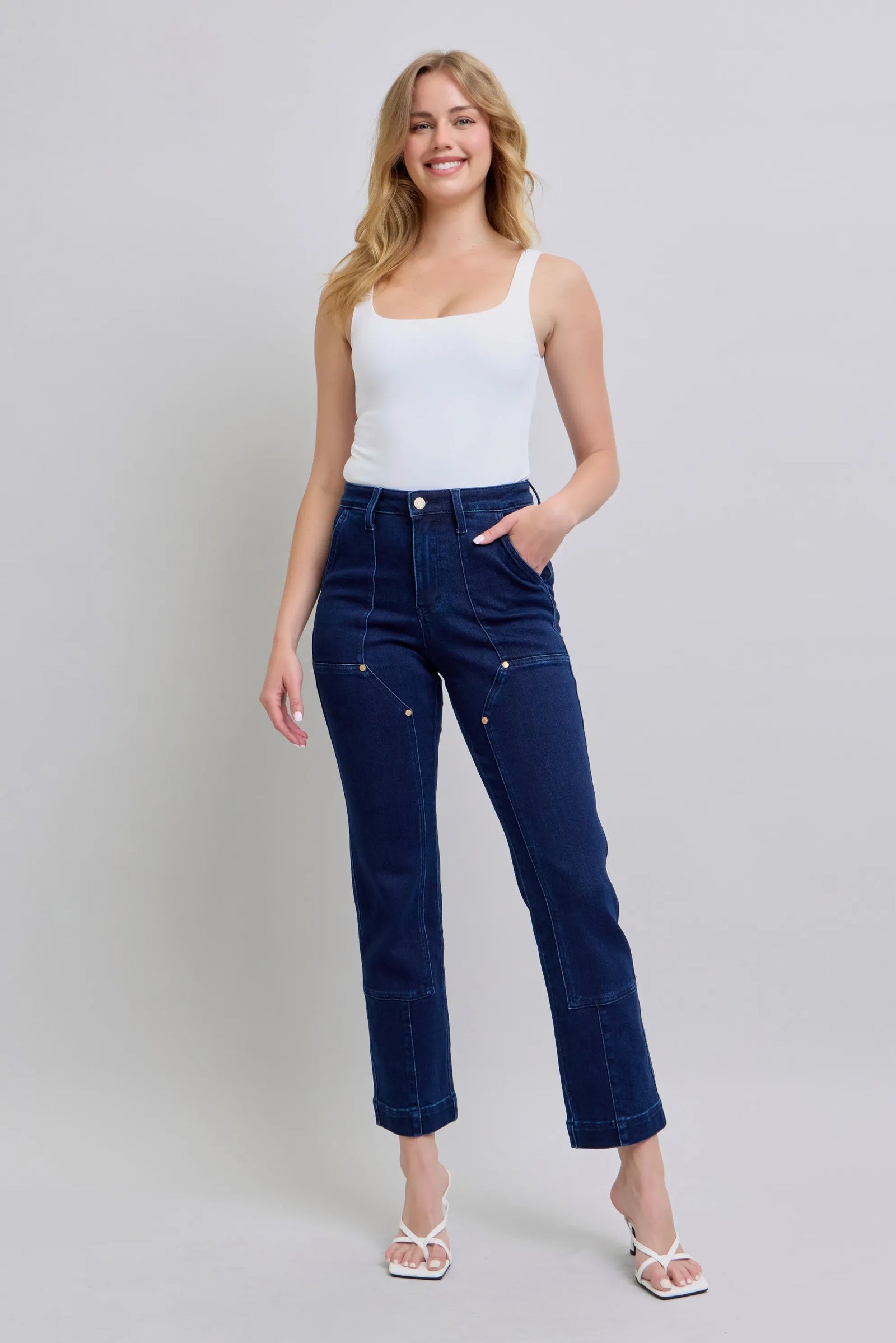 Judy Blue Full Size Hw Work Wear Knee Patch Straight Jeans Plus Size - Sydney So Sweet