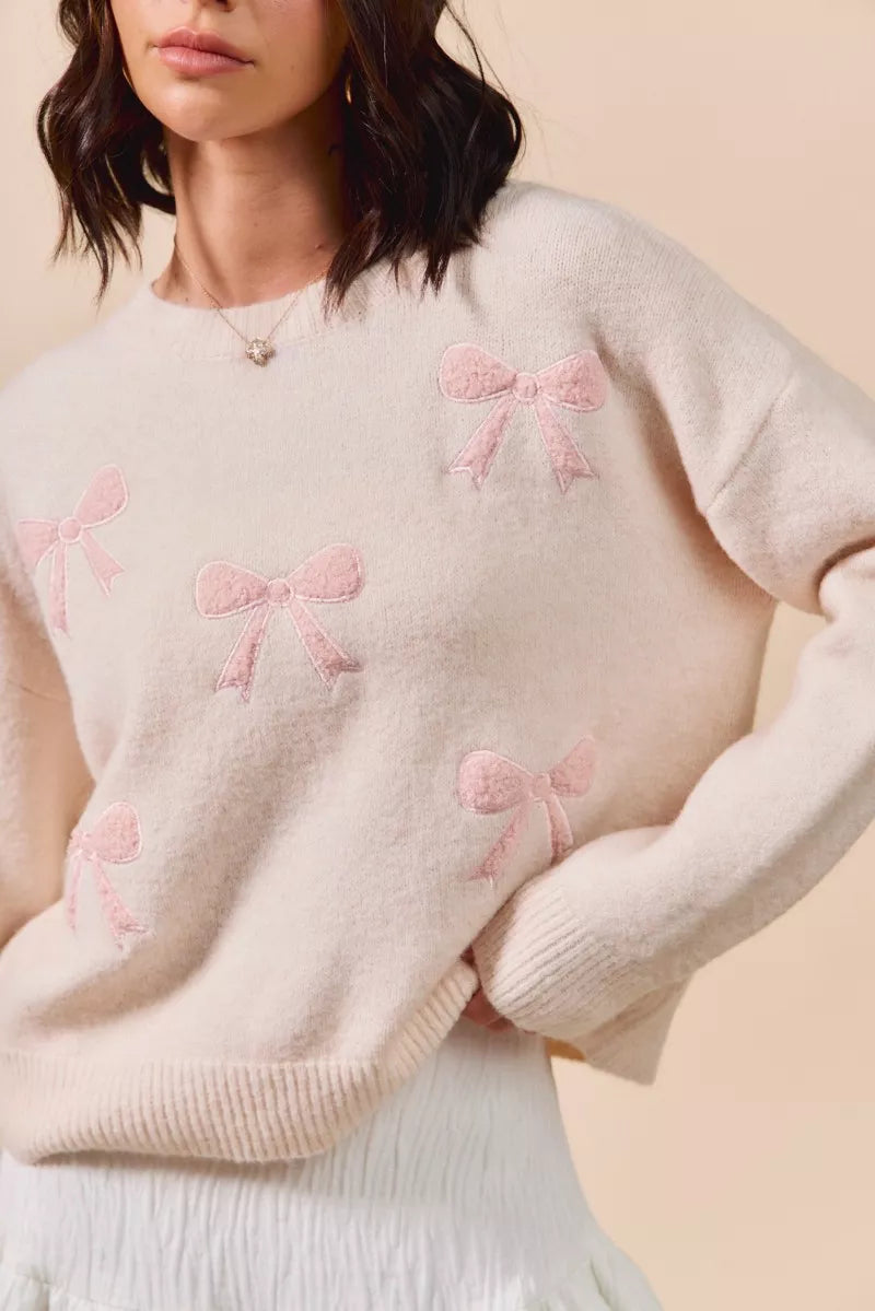 SO ME Embroidered Ribbon Round Neck Sweater - Sydney So Sweet