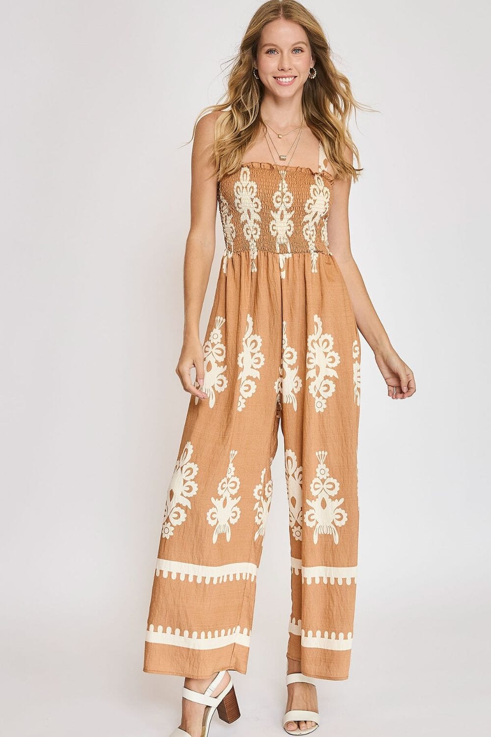 Umgee Full Size Smocked Printed Wide Leg Jumpsuit Plus Size - Sydney So Sweet