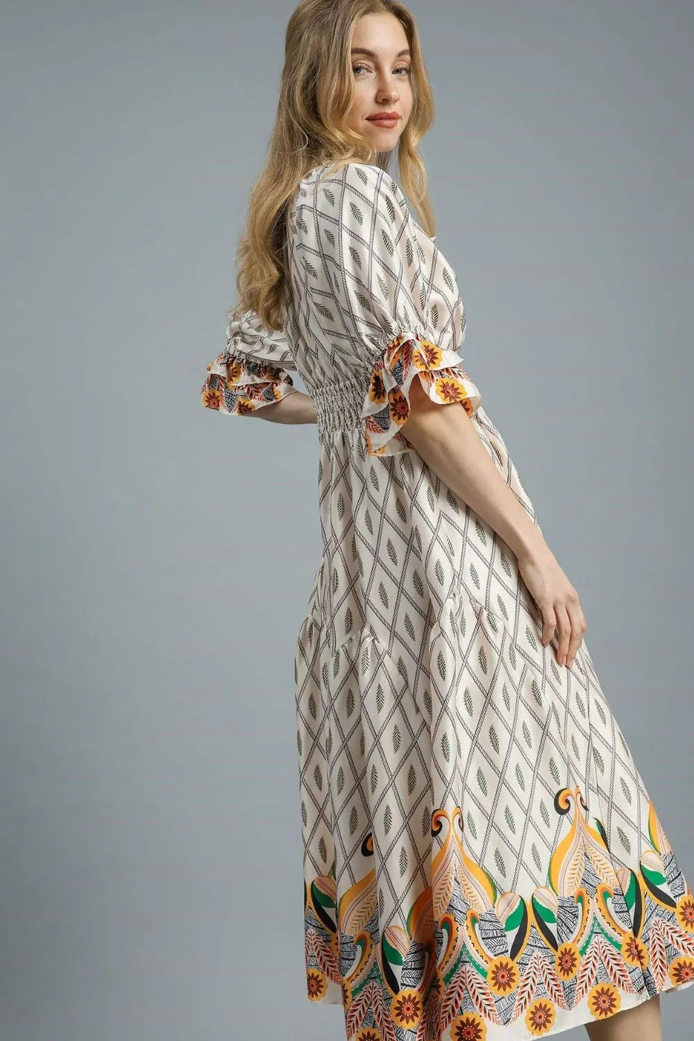 Umgee Printed Smocked Waist Flounce Sleeve Midi Dress - Sydney So Sweet