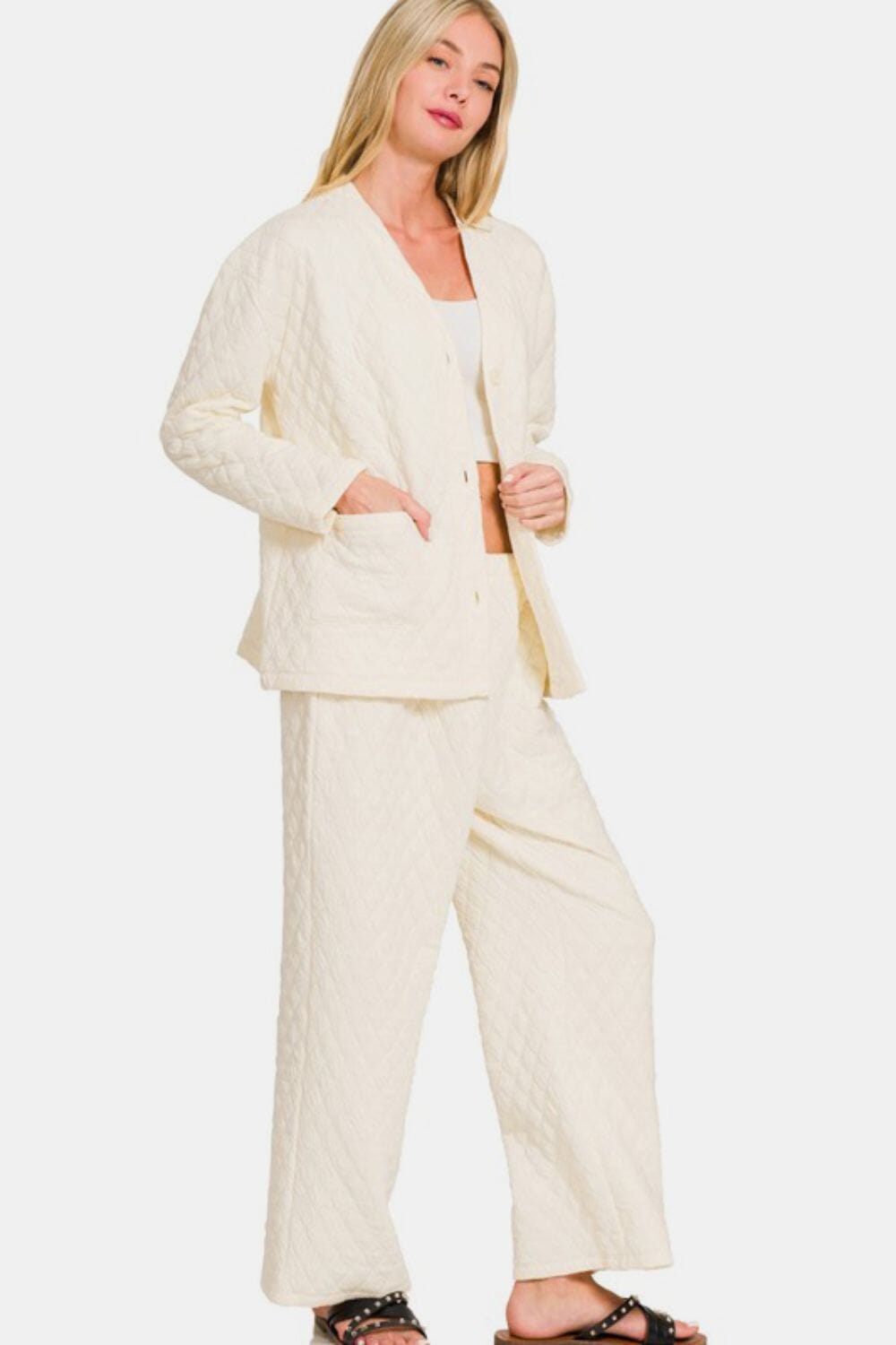 Zenana Quilted Button Up Long Sleeve Top and Pants Lounge Set - Sydney So Sweet