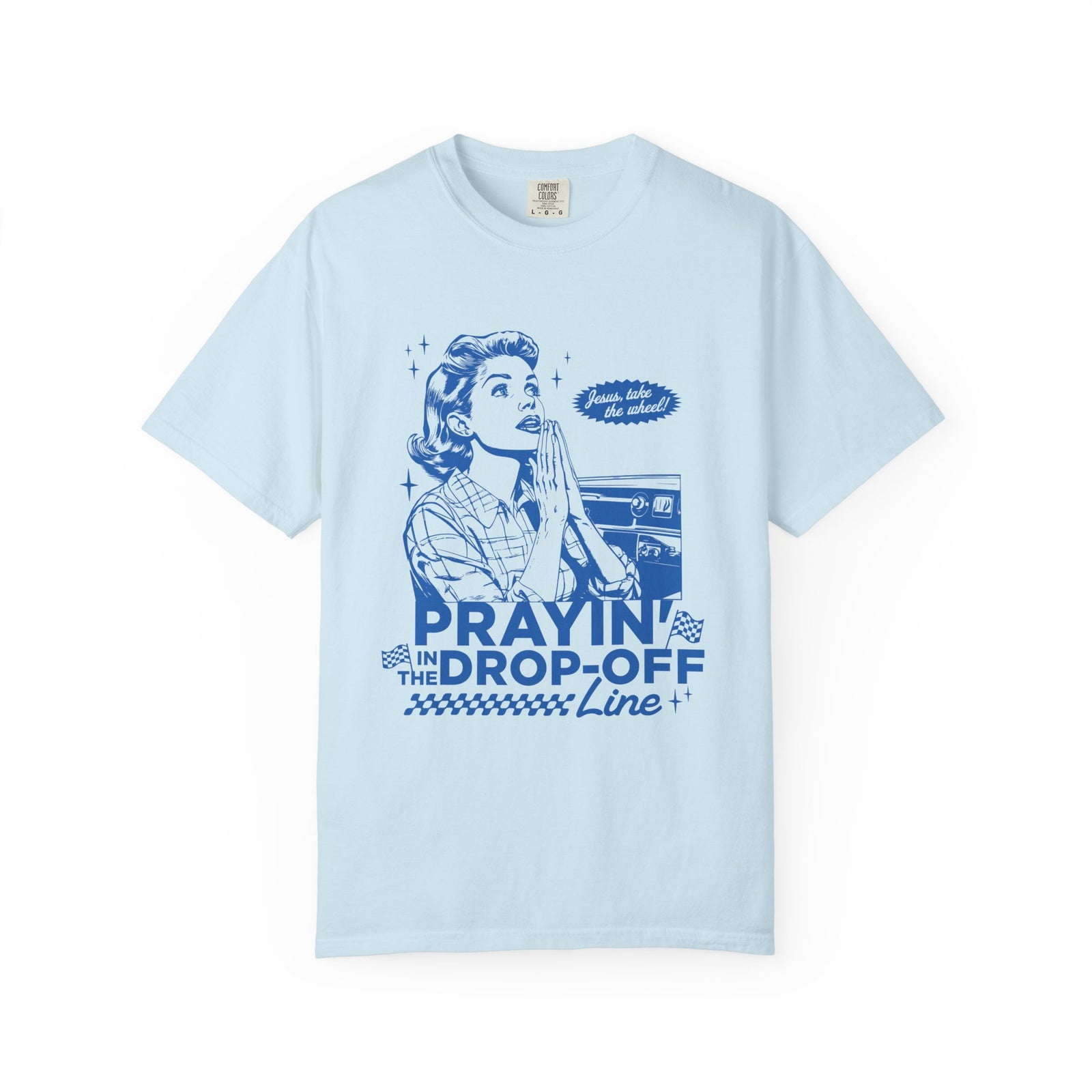 Prayin' in the Drop-Off Line Retro T-Shirt Christian Women's Graphic Tee