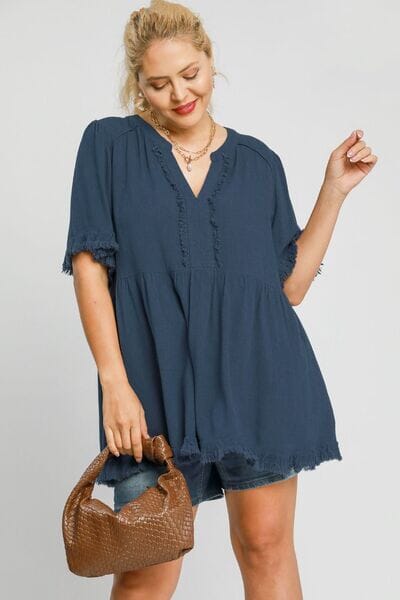 Umgee Full Size Raw Hem Notched Babydoll Linen Blouse Plus Size - Sydney So Sweet