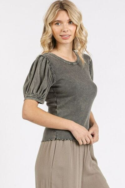 Mittoshop Mineral Wash Puff Sleeve Rib Knit Top - Sydney So Sweet
