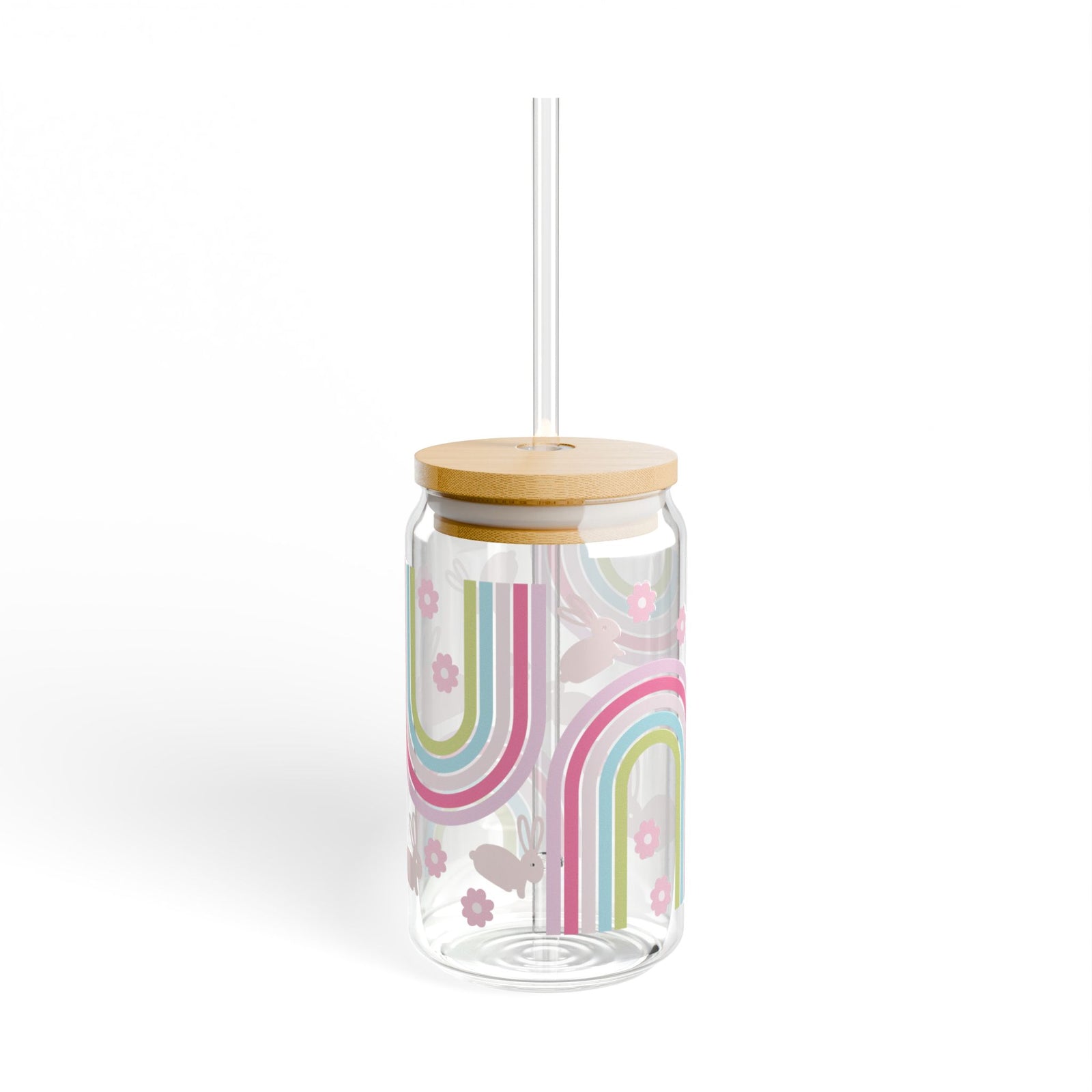 Pastel Bunny Rainbow Tumbler Sipper Glass 16oz — Reusable Drink Jar with Lid & Straw